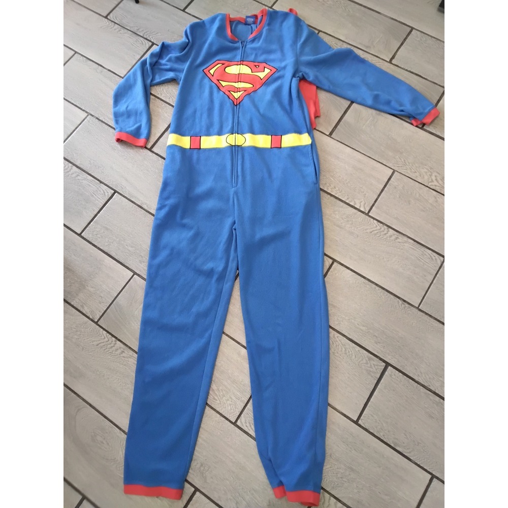 Superman Mens Fleece One Piece Pajamas Union Suit with Detachable Cape Blue L